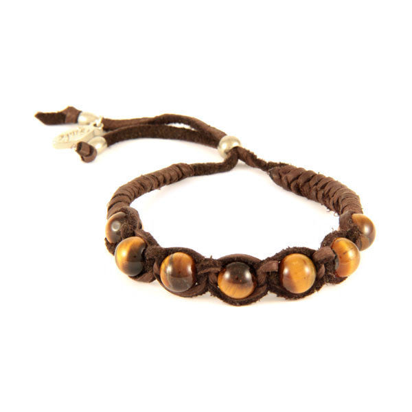 Tiger's Eye Semi Precious Beaded Deerskin Leather Adjustable Bracelet