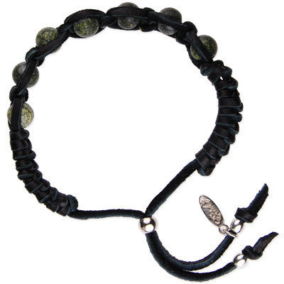 MB390F - Russian Serpentine Semi Precious Stone Deerskin Leather Adjustable Bracelet