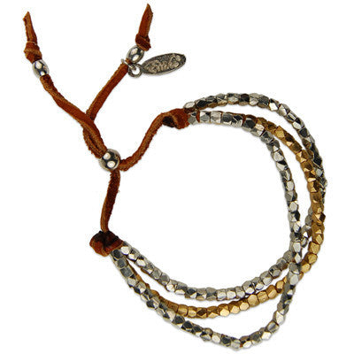 MB563 - Triple Multi Faceted Bead Strand Deerskin Leather Bracelet
