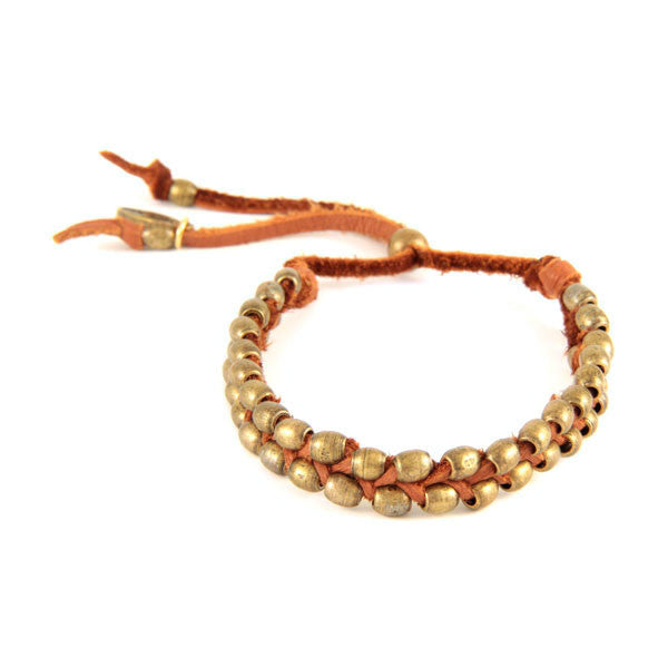 Small Dual Barrel Bead Strand Intertwined Rust Deerskin Leather Bracelet