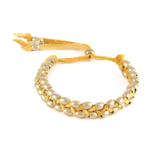 Small Dual Barrel Bead Strand Intertwined Tan Deerskin Leather Bracelet