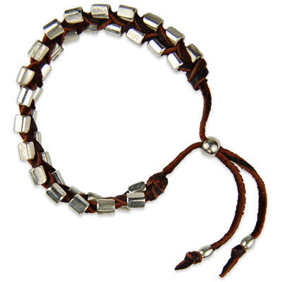 MB574 - Dual Rectangular Bead Strand Intertwined Deerskin Leather Bracelet