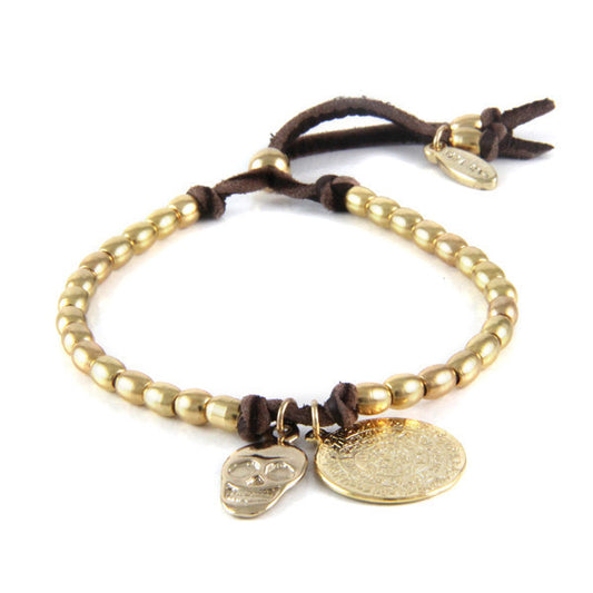 MB623G - Phaistos Coin and Skull Charm Barrel Bead Strand Adjustable Deerskin Leather Bracelet