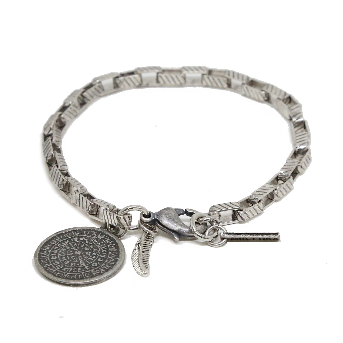 Silver Ox Chain Linked Bracelet with Ancient Coin and Feather Charms