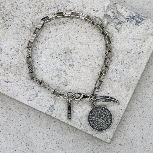 Silver Ox Chain Linked Bracelet with Ancient Coin and Feather Charms