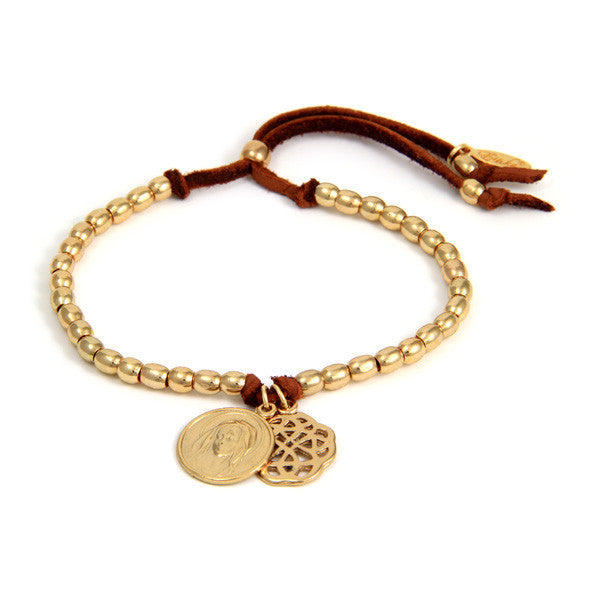 Mary Image and Rose Outline Charm Barrel Bead Strand Adjustable Deerskin Leather Bracelet