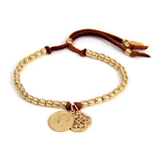 Mary Image and Rose Outline Charm Barrel Bead Strand Adjustable Deerskin Leather Bracelet