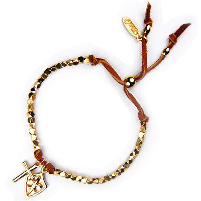 MB627G - Fleur De Lys Shield and Cross Charm Faceted Bead Strand Adjustable Deerskin Leather Bracelet