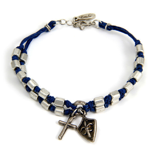 Rectangular Hishi Bead and Knotted Wax Linen Bracelet with Fleur De Lys and Cross Charm