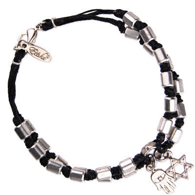 MB631 - Rectangular Hishi Bead and Knotted Wax Linen Bracelet with Hamsa and Star of David Charm