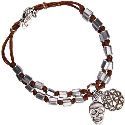 MB632 - Rectangular Hishi Bead and Knotted Wax Linen Bracelet with Rose Outline and Skull Charm