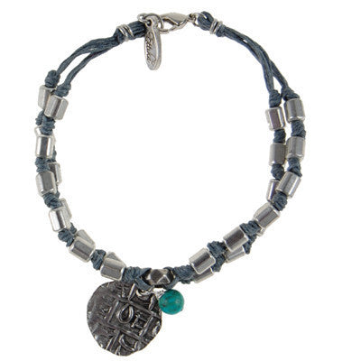 MB633 - Rectangular Hishi Bead and Knotted Wax Linen Bracelet with Coin and Turquoise Ball