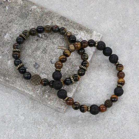 Tiger's Eye Mixed Bead Elastic Bracelet Set in Brass