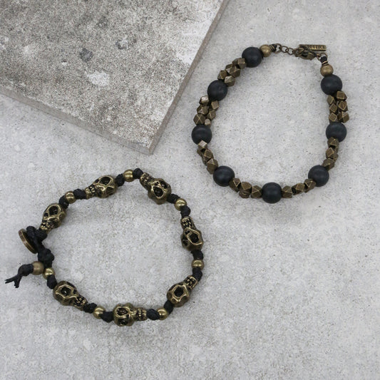 Brass Skull and Beaded Bracelet Set in Black