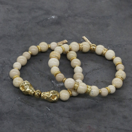 White Beaded Skull Bracelet Set in Gold