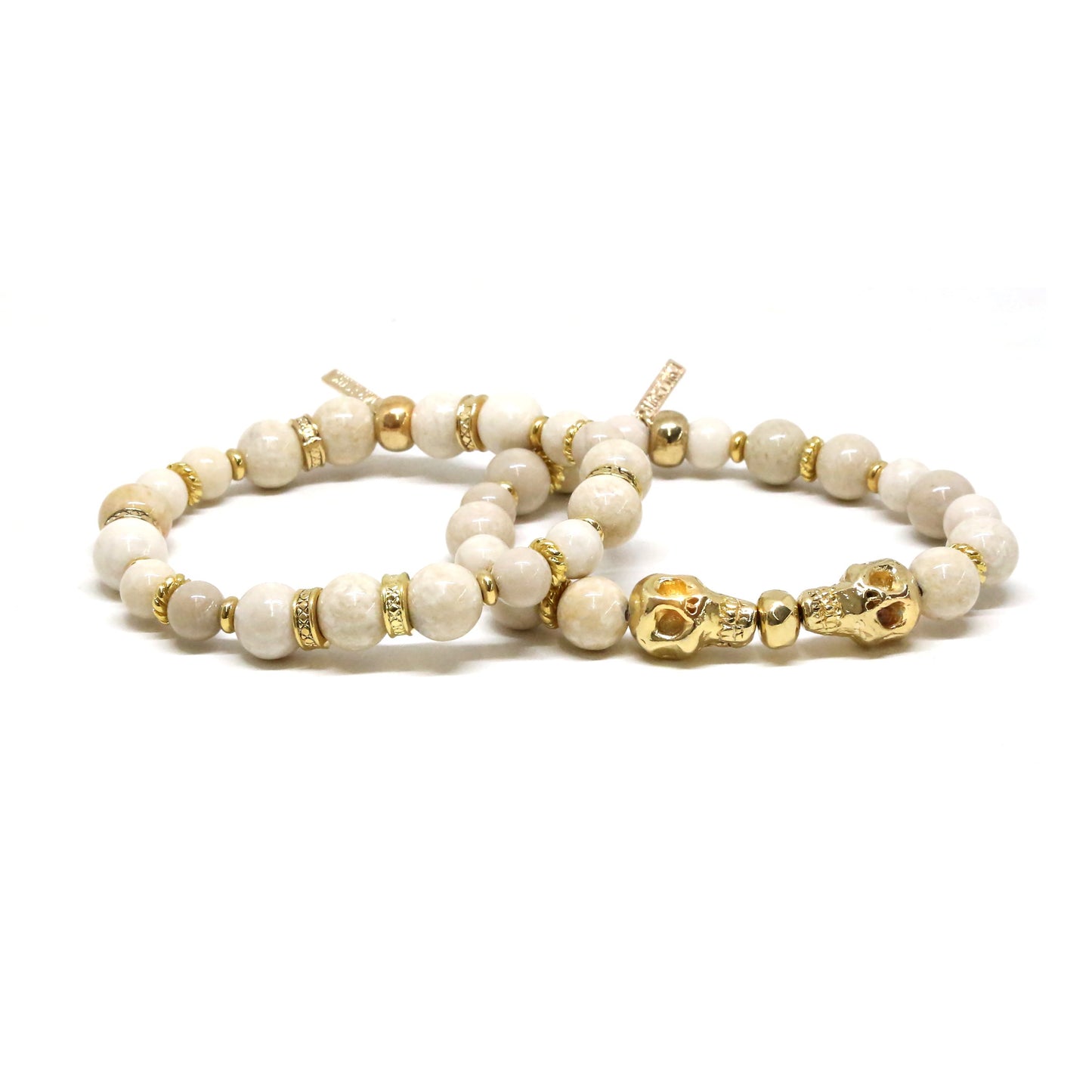 White Beaded Skull Bracelet Set in Gold