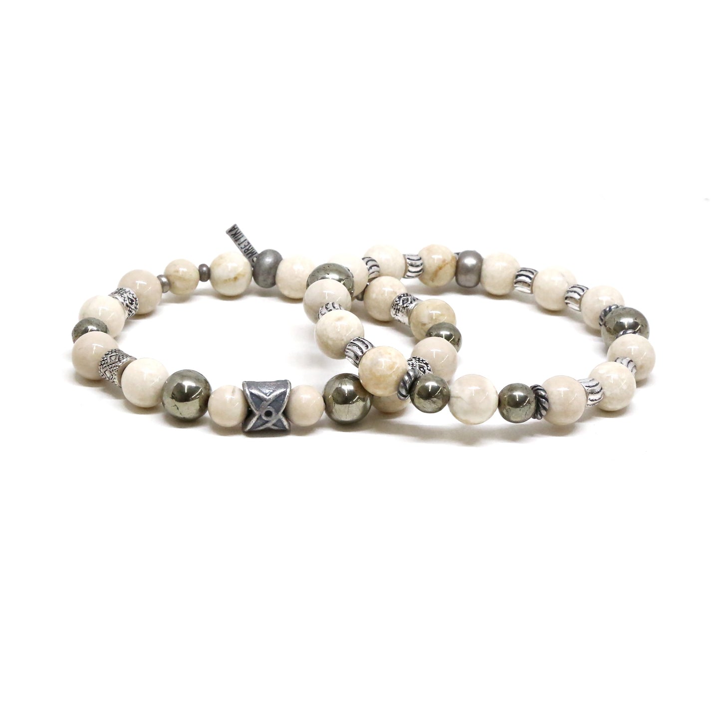 White Beaded Elastic Bracelet Set in Silver Ox