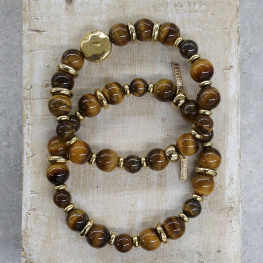 Tiger's Eye Beaded Elastic Bracelet Set in Gold