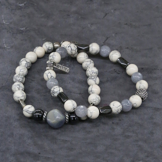 Howlite and Grey Beaded Bracelet Set in Silver Ox