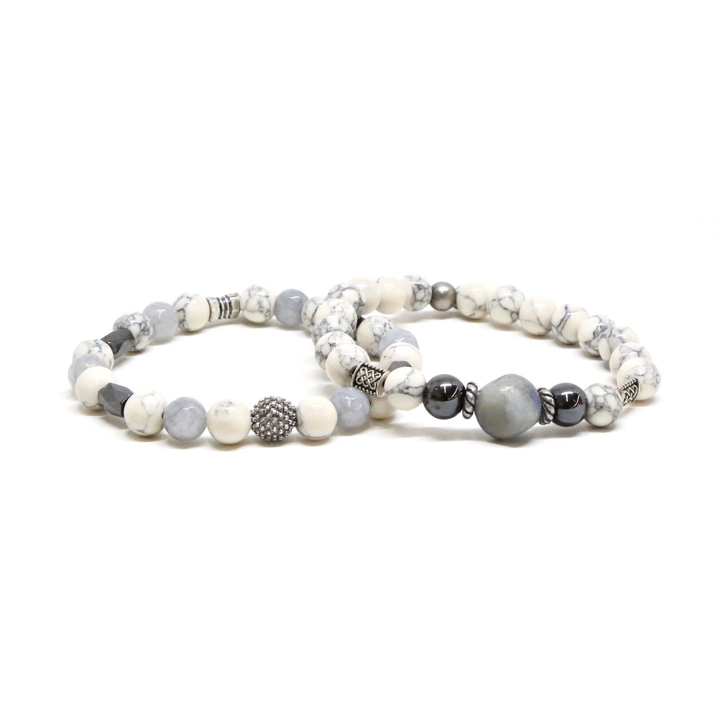 Howlite and Grey Beaded Bracelet Set in Silver Ox