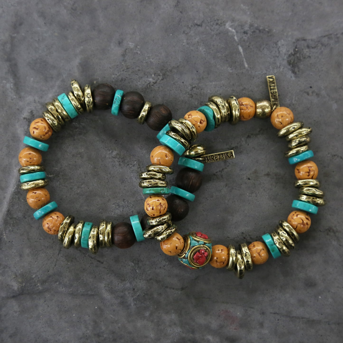 Turquoise, Wood, and Brass Elastic Bracelet Set