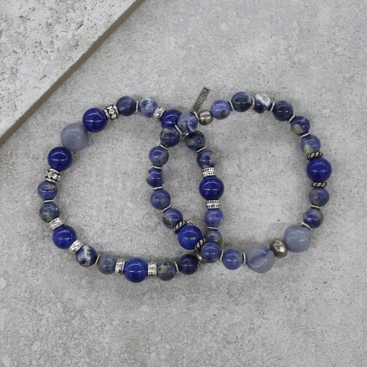 Sodalite and Blue Elastic Bracelet Set in Silver Ox