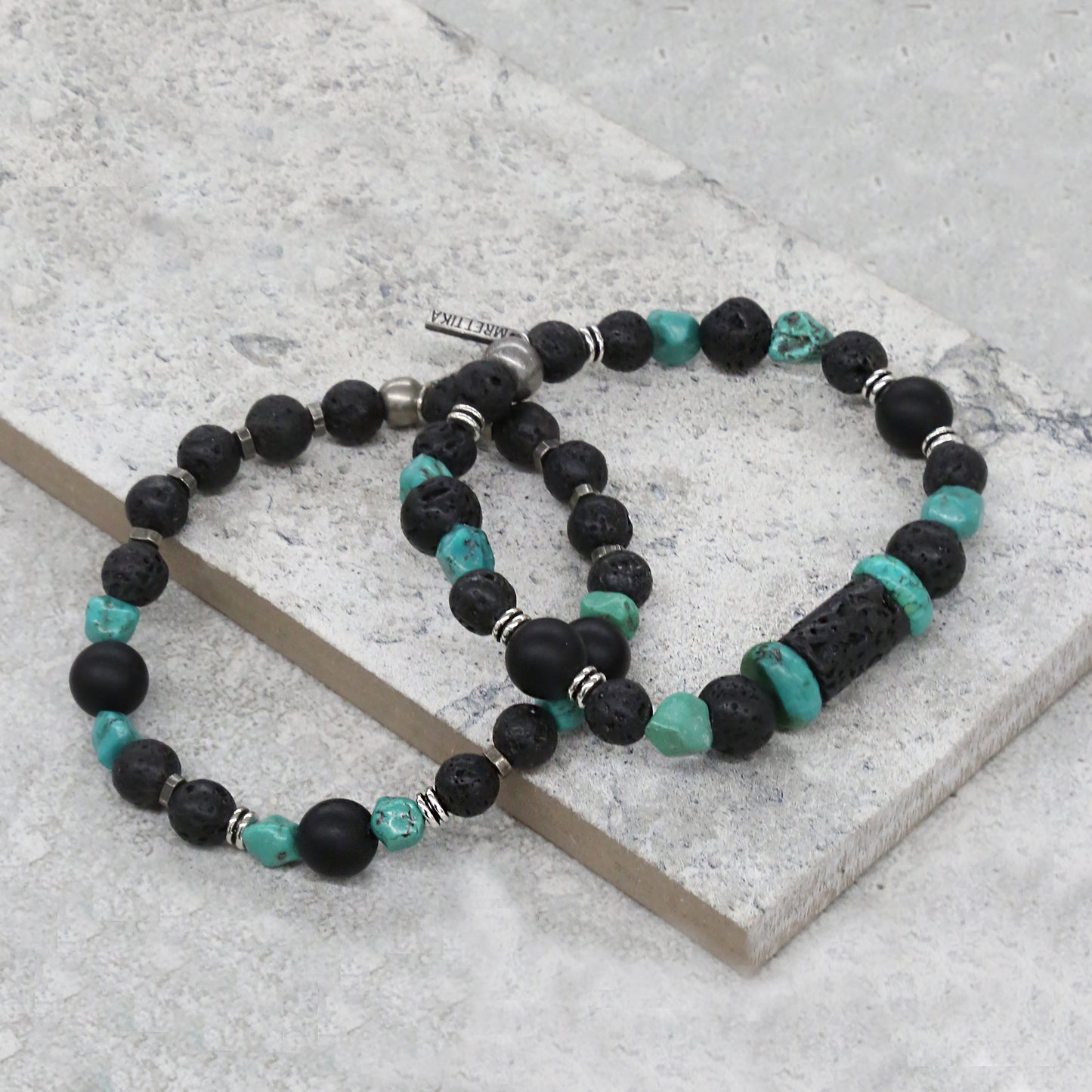 Raw Stone Lava Bead and Turquoise Elastic Beaded Bracelet Set