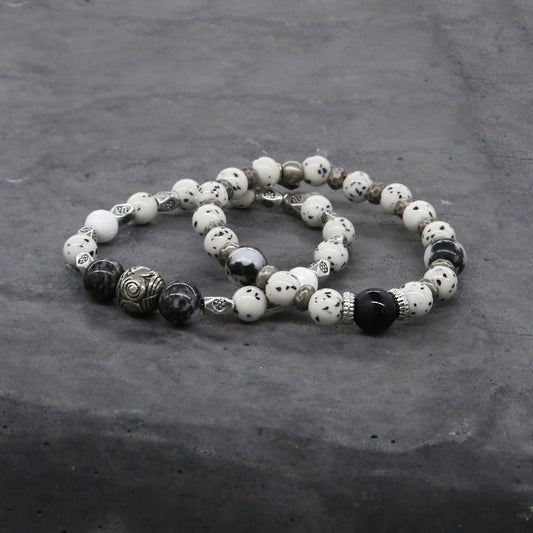 Dalmatian Jade Beaded Bracelet Set in Silver Ox