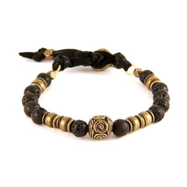 Lava Beads and Collar Bead Bracelet with Accent Swirl Bead and Button Closure