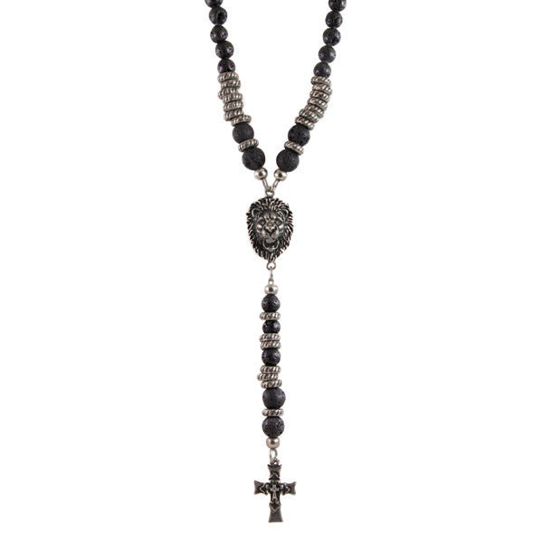Lion's Head with Triple Cross Pendant Charm Necklace with Lava Beads