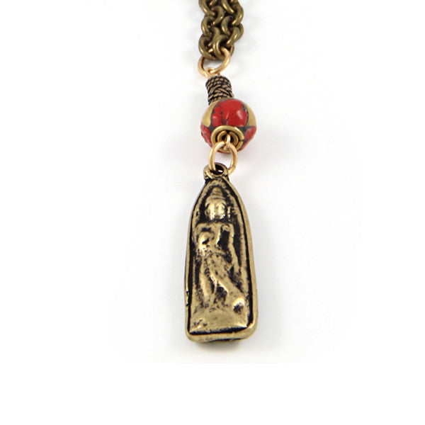 Standing Buddha Charm with Red Tribal Inlaid Bead Chain Necklace