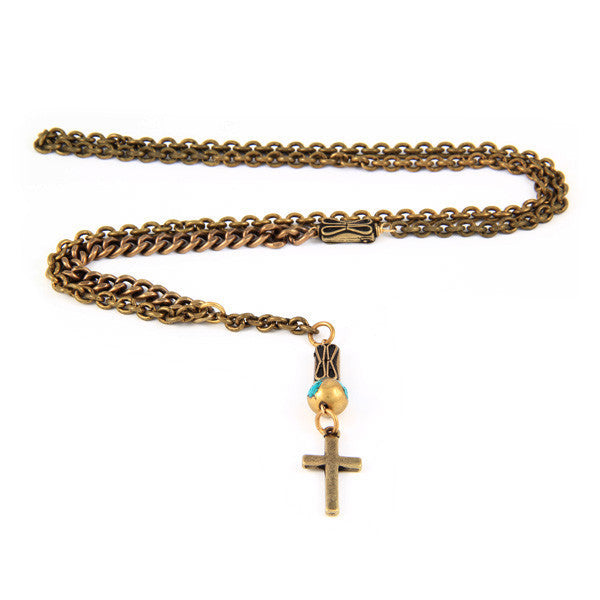 Mens Cross and Turquoise Tribal Bead Chain Necklace