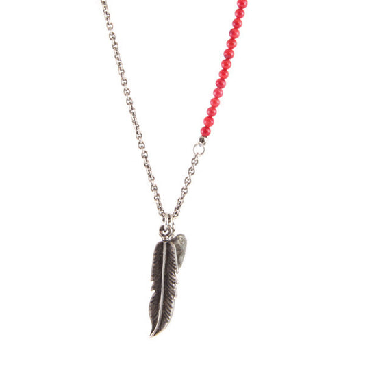 Coral Semi Precious Stone Chain Necklace with Pyrite Nugget and Feather Pendant Charm
