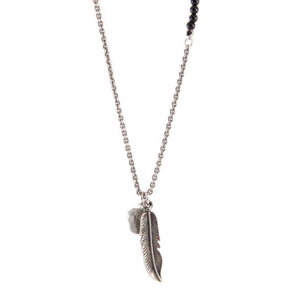 Onyx Semi Precious Stone Chain Necklace with Pyrite Nugget and Feather Pendant Charm