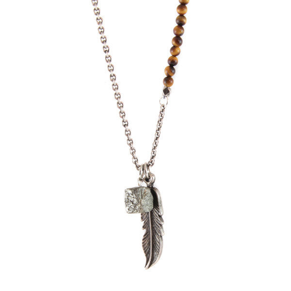 Tiger Eye Semi Precious Stone Chain Necklace with Pyrite Nugget and Feather Pendant Charm