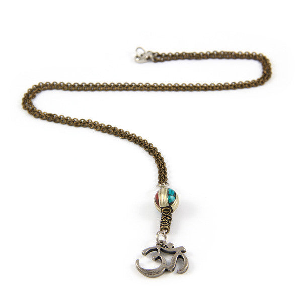 Mens Om Symbol Charm and Round Tribal Bead Chain Necklace