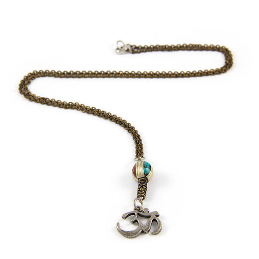 Mens Om Symbol Charm and Round Tribal Bead Chain Necklace