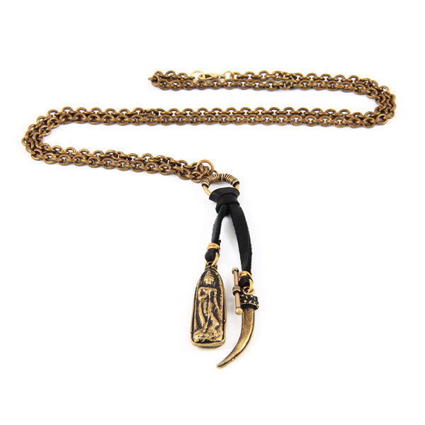 Mens Brass Buddha and Horn Charm Chain Necklace
