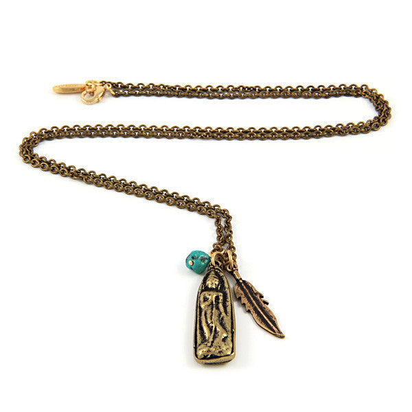 Mens Buddha and Feather Charm Chain Necklace with Turquoise Stone