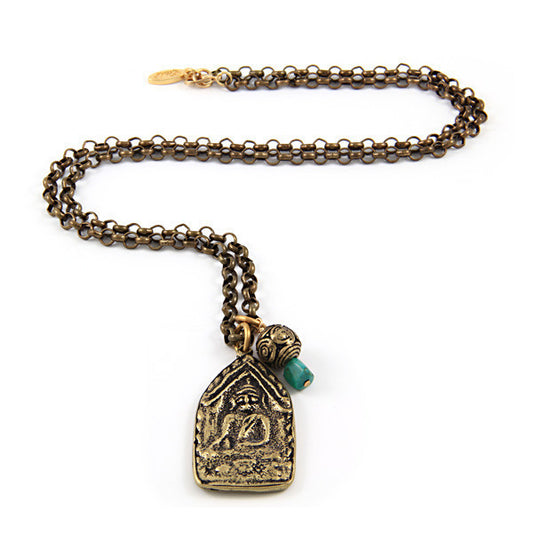 Mens Buddha Charm Chain Necklace with Swirl Bead and Turquoise Stone