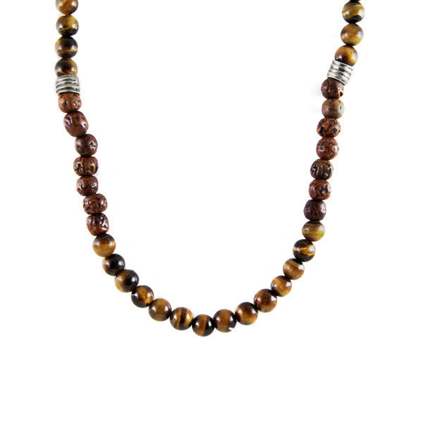 Tiger Eye and Lava Bead Combination with Leather Tassel