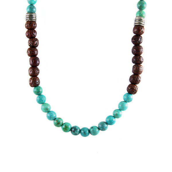 Turquoise and Lava Bead Combination with Leather Tassel