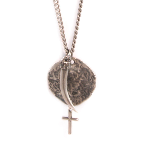 Weathered Disc with Cross Pendant Charm and Italian Horn Chain Necklace