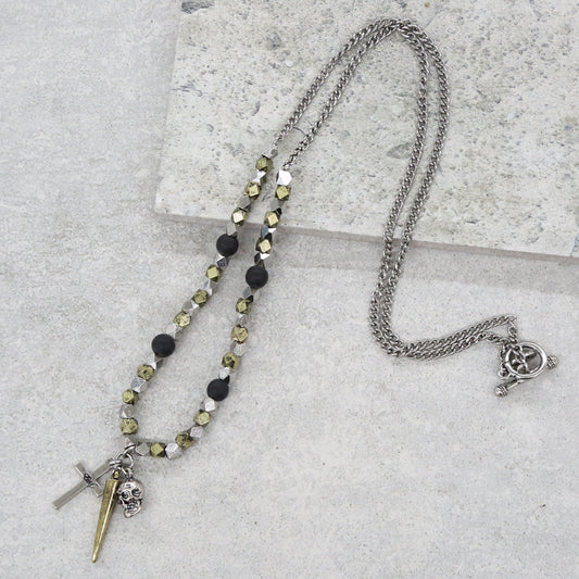 Moto Draco Triple Charm Necklace in Black and Silver