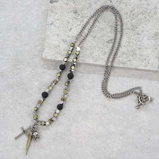 Mixed Metal Faceted Bead Necklace with Spike, Cross, and Skull Charms
