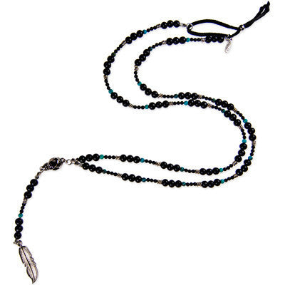 Skull and Feather Beaded Necklace with Accent Round Turquoise Stones