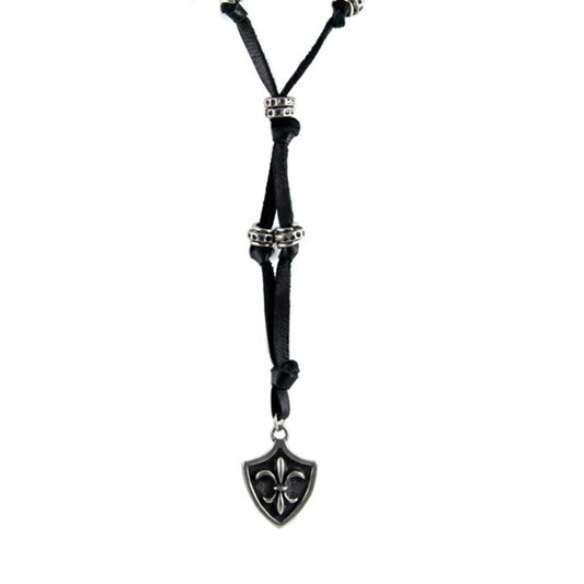 Fleur De Lys Shield with Black Leather Necklace