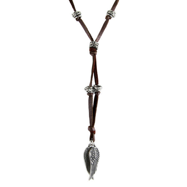 Angel Wing with Brown Leather Necklace