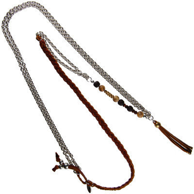 Braided Lamb Leather and Chain Combination Necklace With Beads and Tassel
