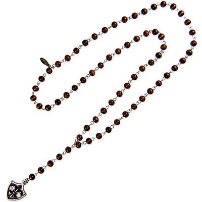 Fleur De Lys Shield Wooden Rosary Necklace
